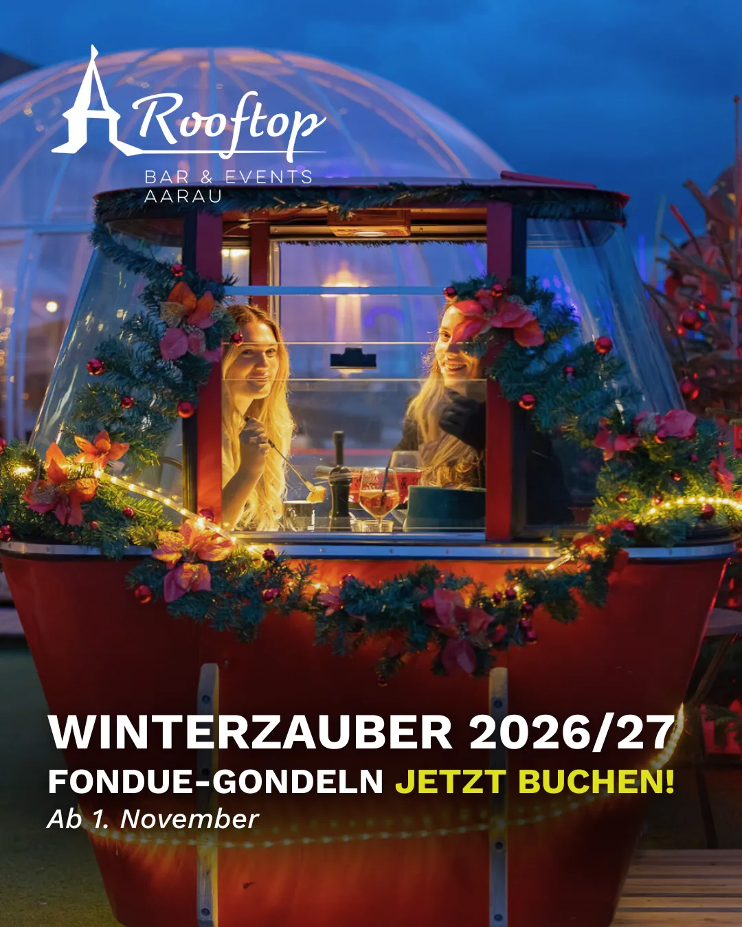 Festlich geschmückte Fondue-Gondel beim Winterzauber 2026/27 auf dem Rooftop Aarau
