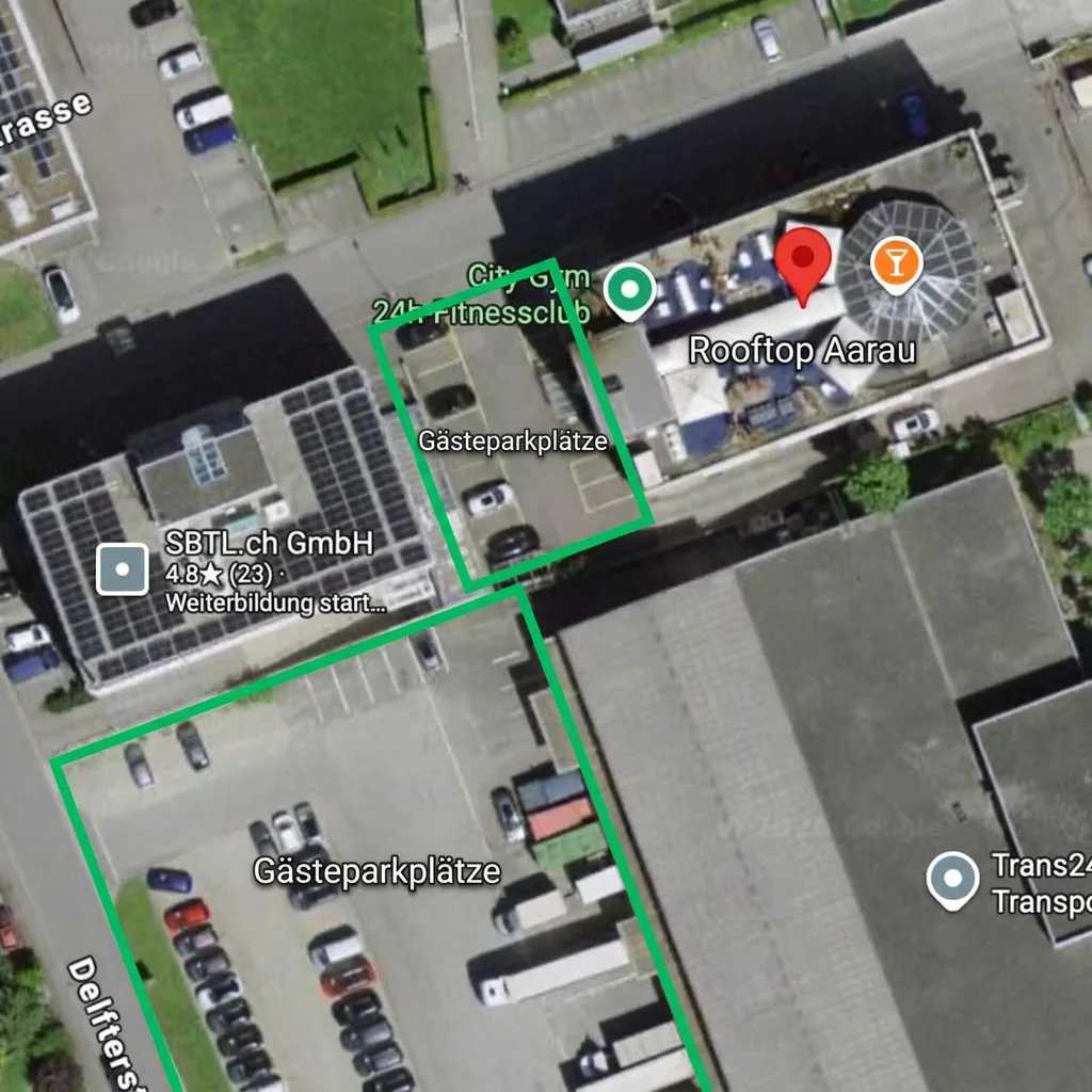 Satellitenkarte mit kostenlosen Gästeparkplätzen rund um das Rooftop Aarau