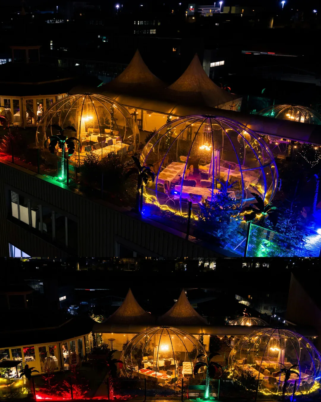 Rooftop Aarau als Winter-Eventlocation mit beleuchteten Iglus bei Nacht