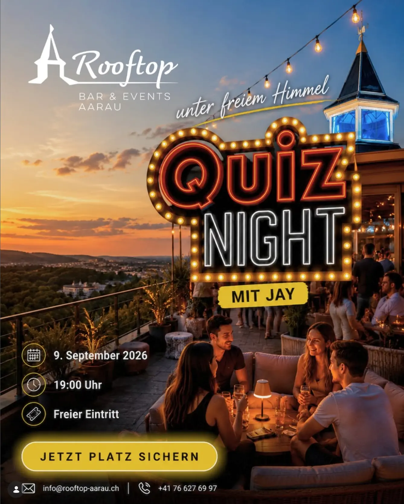 Quiz Night unter freiem Himmel am 9. September 2026 um 19:00 Uhr im Rooftop Aarau – freier Eintritt